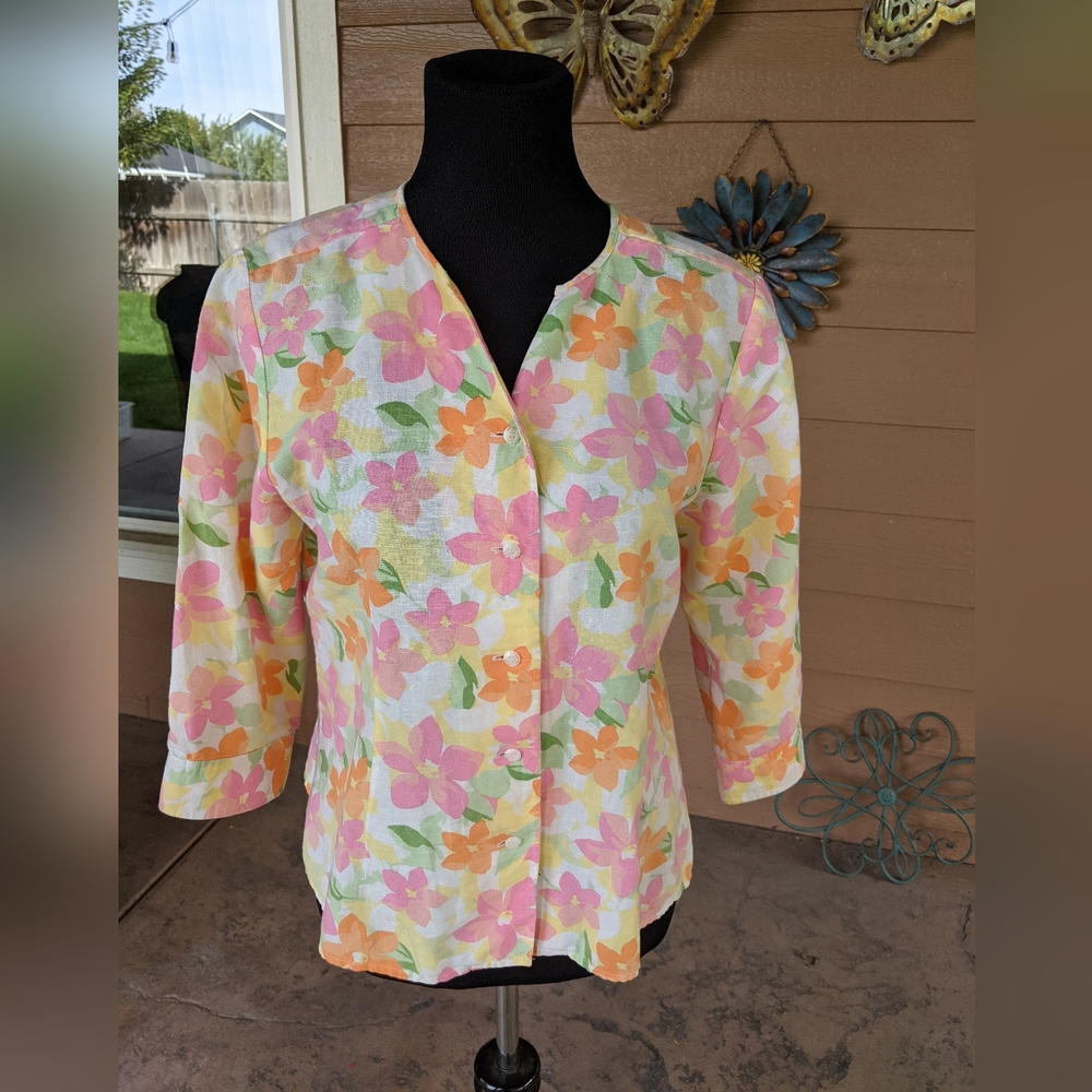 Christopher & Banks Floral Linen and Cotton button Down Blouse